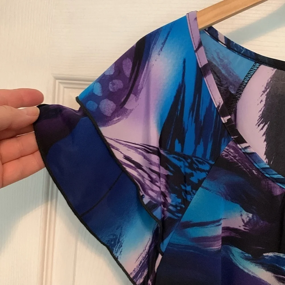 Blue Black Flutter Sleeve Blouse 2X - Picture 6 of 12